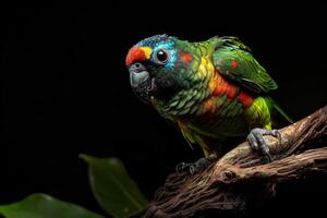 Blue faced Parrot Finch bird on the rooted in studio isolated on black background photo