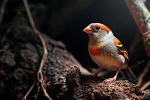 Zebra Finch bird standing on the rooted in the natural habitat photo