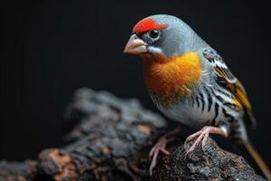 Zebra Finch bird on the rooted in studio isolated on black background photo