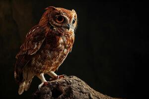 Owl Finch bird on the rooted in studio isolated on black background photo