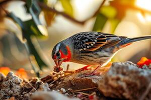 Zebra finch bird eating in the natural habitat photo