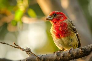 Red headed Finch standing on the rooted in natural habitat photo
