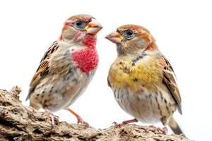 Couple finch standing on the rooted in studio isolated on white background photo