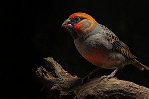 Shaft tail Finch bird on the rooted in studio isolated on black background photo
