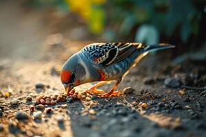 Zebra finch bird eating in the natural habitat photo