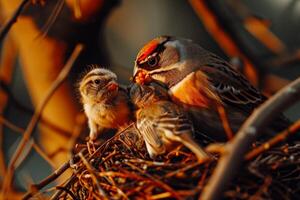 Zebra finch bird feeding her young in the natural habitat photo