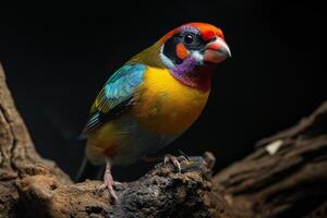 Lady Gouldian Finch on the rooted in studio isolated on black background photo