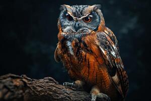Owl Finch on the rooted in studio isolated on black background photo