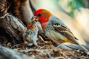 Red headed Finch feeding her young in the natural habitat photo