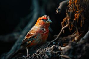 Finch bird on the rooted in studio isolated on black background photo