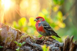 Red headed Finch standing on the rooted in natural habitat photo