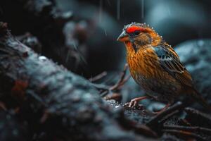 Finch bird caught in the rain in natural habitat photo