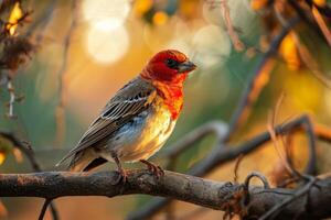 Red headed Finch standing on the rooted in natural habitat photo