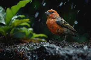 Finch bird standing on roots and raining in natural habitat photo