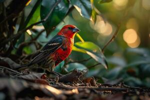 Red headed Finch standing on the rooted in natural habitat photo