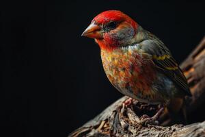 Red headed Finch bird on the rooted in studio isolated on black background photo