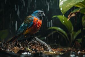 Blue faced Parrot Finch bird caught in the rain in natural habitat photo