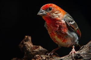 Red headed Finch bird on the rooted in studio isolated on black background photo