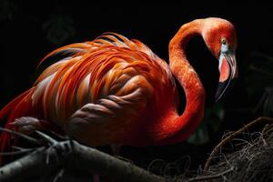 Caribbean Flamingo on the rooted in studio isolated on black background photo