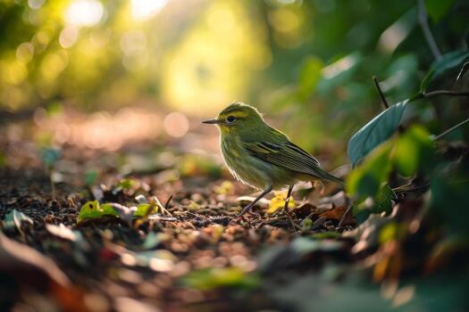 A small green bird standing on a forest floor with blurred background photo