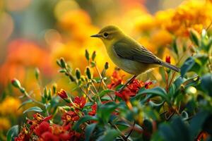 A Yellow Bird Perched on Red Flowers in a Garden photo