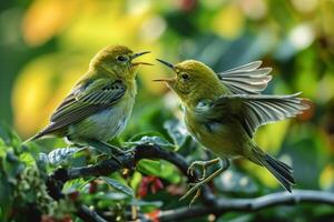 Green warbler bird fighting in the natural habitat photo