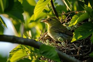 A Small Green Bird Resting in a Nest Hidden in Lush Foliage photo