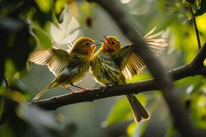 Two Yellow Warblers Perched on a Branch photo