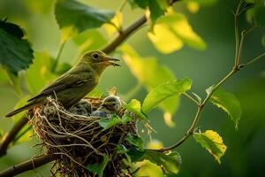 A Yellow Warbler Perched in a Nest Amidst Green Foliage photo