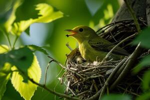 Yellow Warbler Feeding Nestlings in a Tree photo