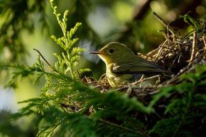 A Yellow Warbler Perched in a Nest Amidst Green Foliage photo