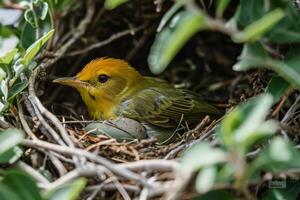 A Yellow-rumped Warbler Nesting with an Egg photo