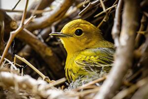 A Yellow Warbler Perched In a Nest of Twigs photo