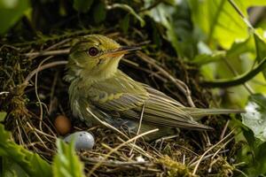 A Green Warbler Perched on a Nest with Eggs photo