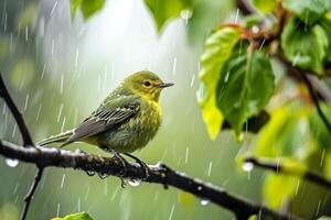 A Small Yellow Bird Perched on a Branch in the Rain photo