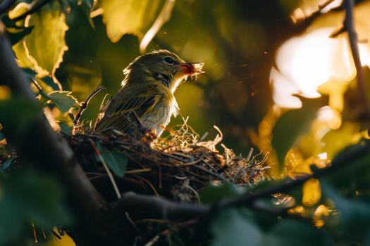 A Small Bird Resting in a Nest, Sunbeams Streaming Through Leaves photo