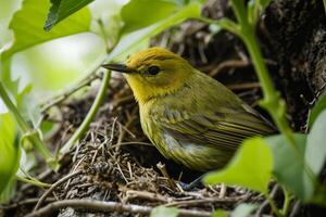 A Yellow Warbler Perched in a Nest Among Green Foliage photo