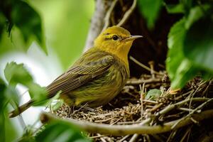 A Yellow Warbler Perched in a Nest Made of Twigs photo