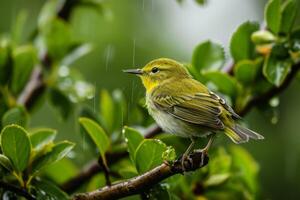 A Small Yellow Bird Perched on a Branch in the Rain photo