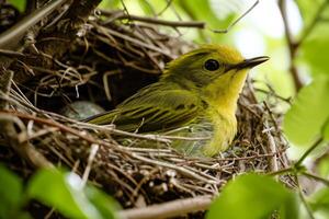 A Yellow Warbler Sitting in a Nest Made of Twigs photo
