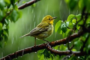 A Yellow Warbler Perched on a Branch in the Rain photo