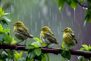 Three Yellow Birds Perched on a Branch in the Rain photo