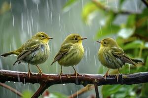 Three Green Birds Perched on a Branch in the Rain photo