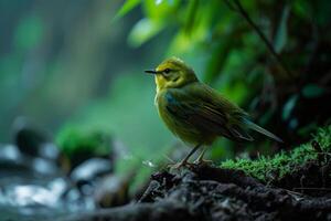A Green Bird Perched on a Mossy Rock in a Verdant Forest photo