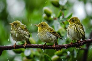Three Small Birds Perched on a Branch in the Rain photo