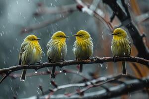 Four Yellow-Green Birds Perched on a Branch in the Rain photo