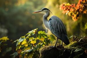 Grey Heron standing on the rooted in the natural habitat photo