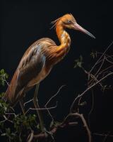 Red heron bird bird standing on the rooted in studio isolated on black background photo