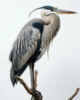 Great Blue Heron bird standing on the rooted in studio isolated on white background photo