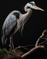 Great Blue Heron bird standing on the rooted in studio isolated on black background photo